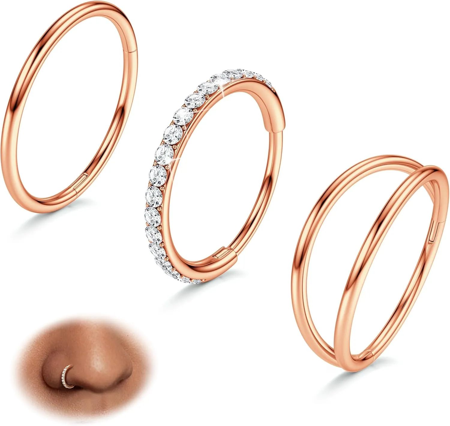 BodyBonita 3pcs Nose Rings Hoops - 316L Surgical Steel Double Hoop Nose Rings 14G/16G/18G/20G Hinged CZ Piercing Jewelry Septum Clicker Rings Cartilage Earring Helix Rook Tragus Daith 7mm/8mm/9mm/10mm