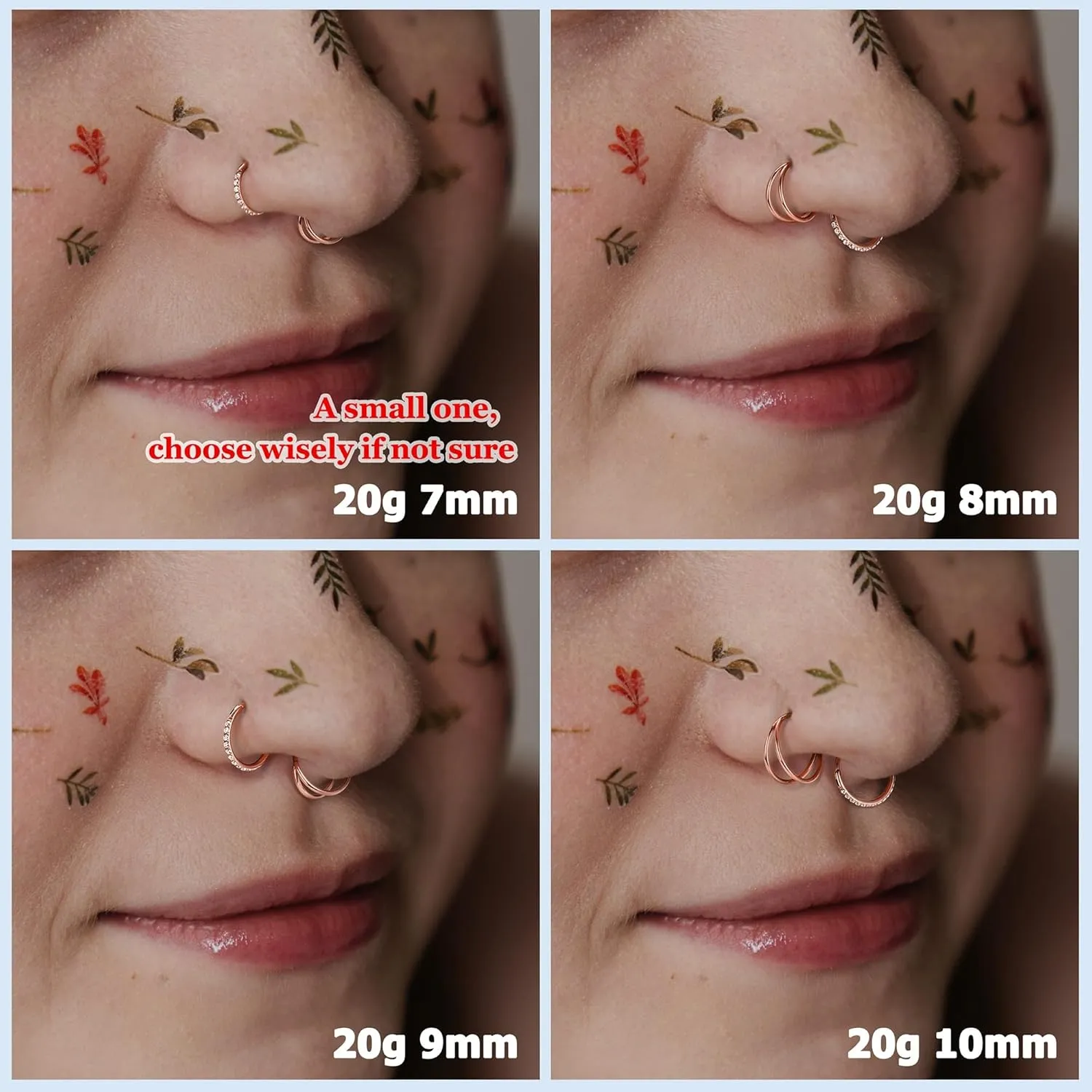 BodyBonita 3pcs Nose Rings Hoops - 316L Surgical Steel Double Hoop Nose Rings 14G/16G/18G/20G Hinged CZ Piercing Jewelry Septum Clicker Rings Cartilage Earring Helix Rook Tragus Daith 7mm/8mm/9mm/10mm