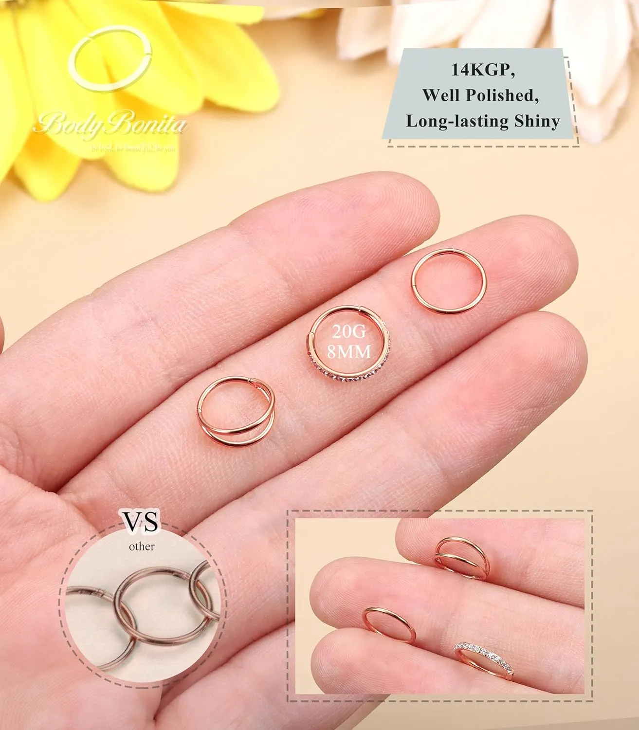BodyBonita 3pcs Nose Rings Hoops - 316L Surgical Steel Double Hoop Nose Rings 14G/16G/18G/20G Hinged CZ Piercing Jewelry Septum Clicker Rings Cartilage Earring Helix Rook Tragus Daith 7mm/8mm/9mm/10mm