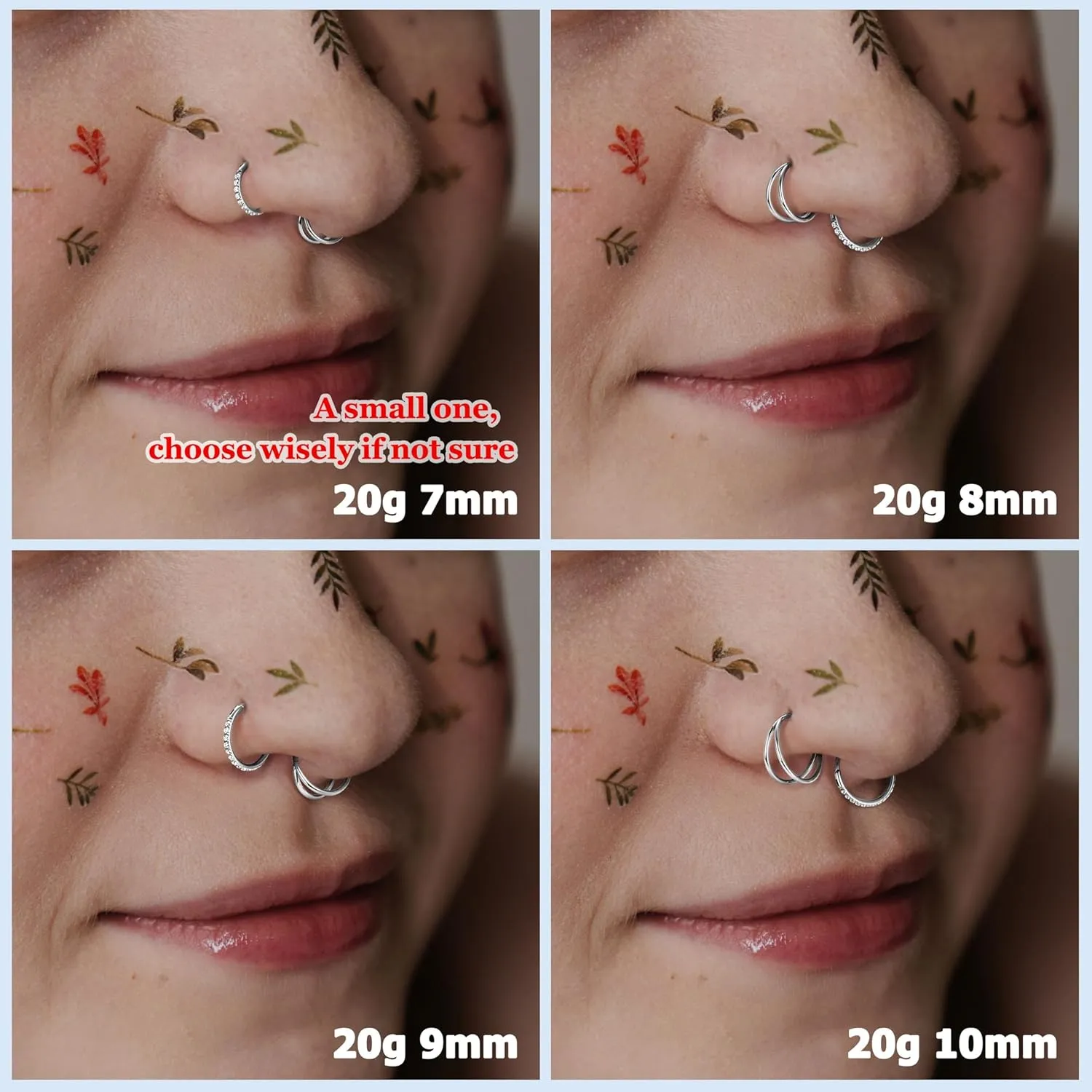 BodyBonita 3pcs Nose Rings Hoops - 316L Surgical Steel Double Hoop Nose Rings 14G/16G/18G/20G Hinged CZ Piercing Jewelry Septum Clicker Rings Cartilage Earring Helix Rook Tragus Daith 7mm/8mm/9mm/10mm