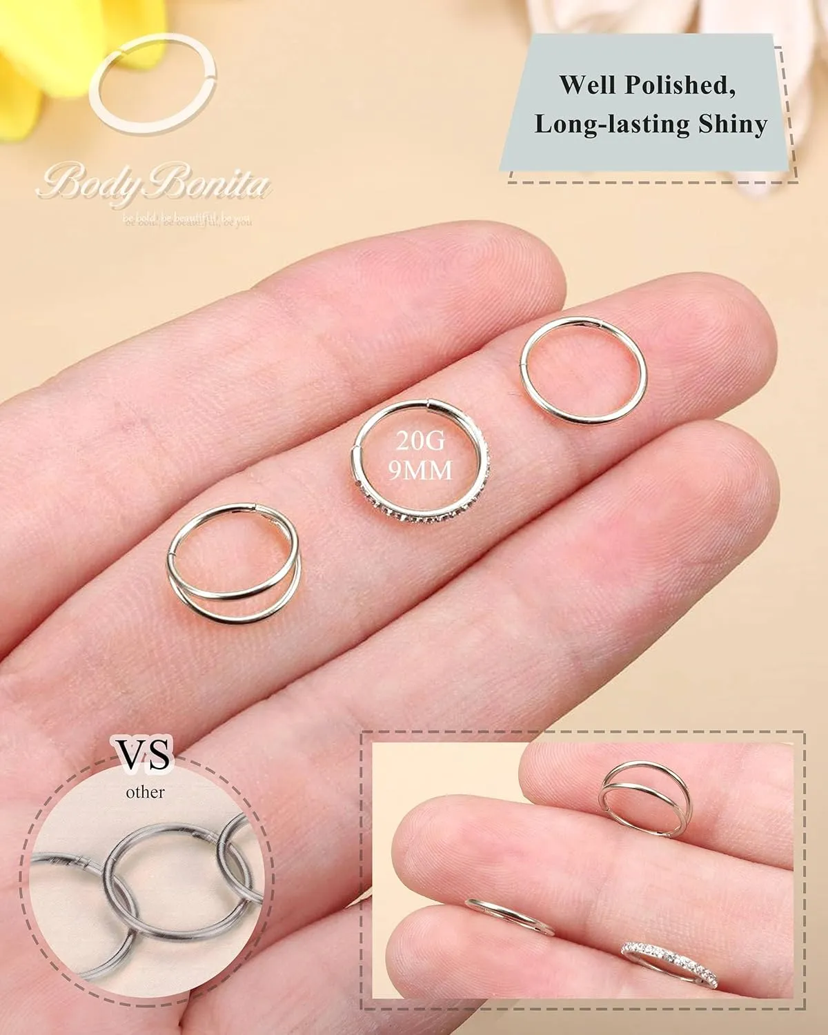 BodyBonita 3pcs Nose Rings Hoops - 316L Surgical Steel Double Hoop Nose Rings 14G/16G/18G/20G Hinged CZ Piercing Jewelry Septum Clicker Rings Cartilage Earring Helix Rook Tragus Daith 7mm/8mm/9mm/10mm