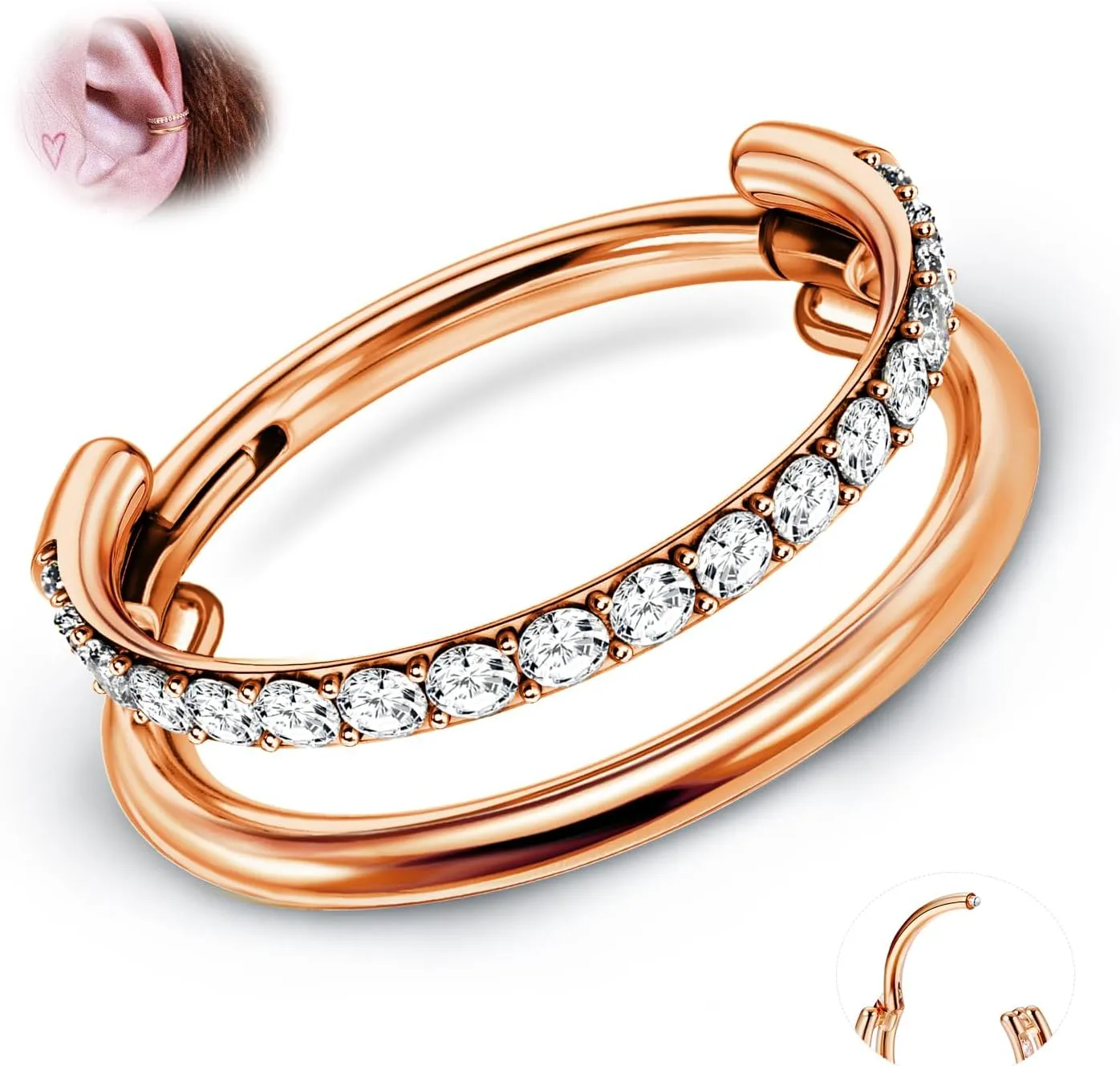 BodyBonita G23 Titanium Cartilage Earring Hoop Stacked Clicker 16G CZ Double/Triple Septum Rings Conch Piercing Jewelry Tragus Daith Helix Earrings Nose Rings Hoops for Women Silver/Gold 8mm 10mm 12mm