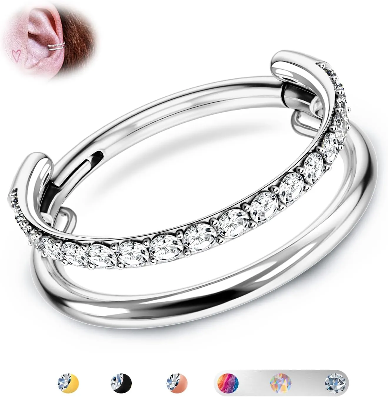 BodyBonita G23 Titanium Cartilage Earring Hoop Stacked Clicker 16G CZ Double/Triple Septum Rings Conch Piercing Jewelry Tragus Daith Helix Earrings Nose Rings Hoops for Women Silver/Gold 8mm 10mm 12mm