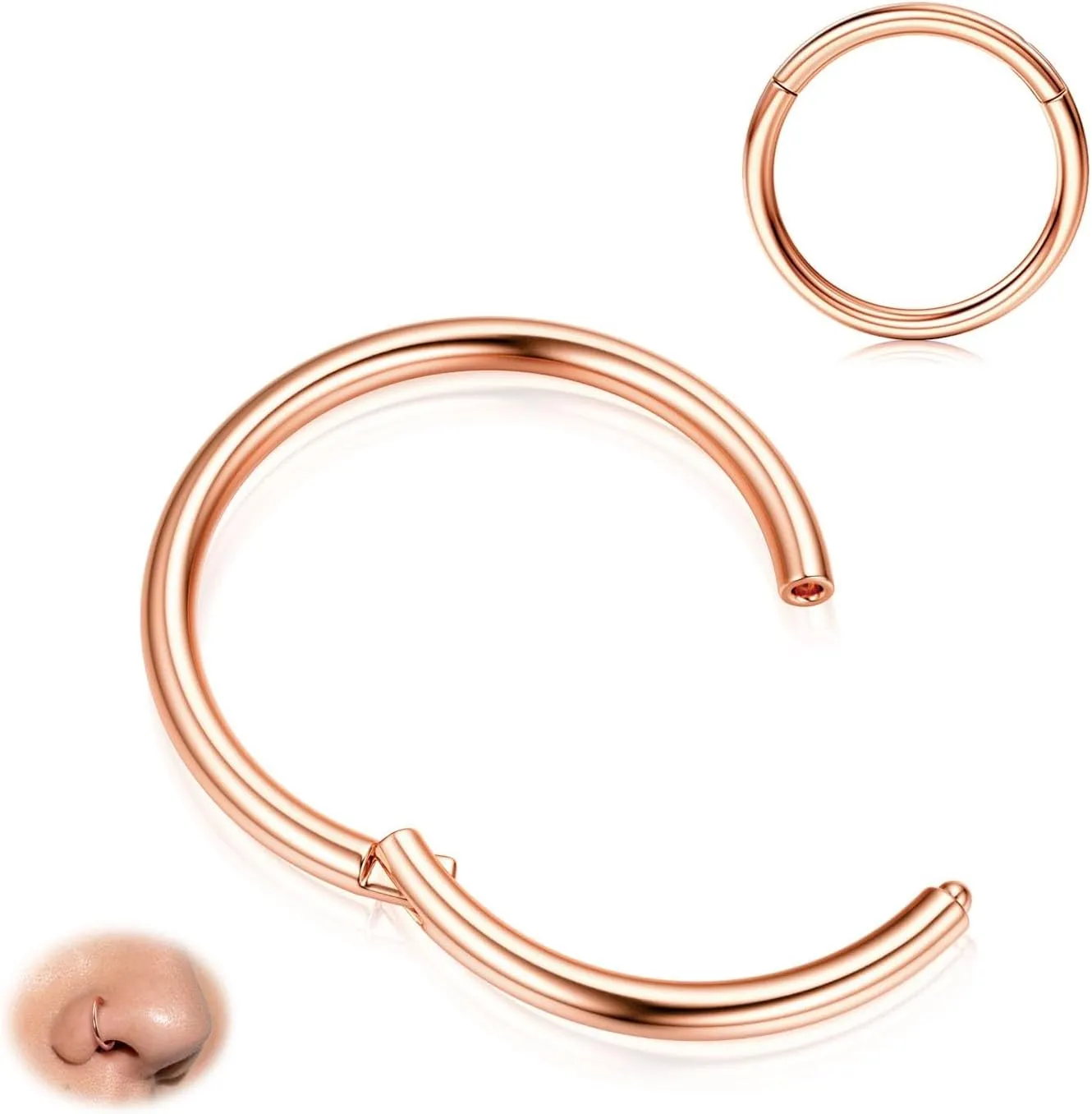 BodyBonita Hinged Nose Rings Hoops - 316L Surgical Steel Seamless Nose Piercing Jewelry Septum Clicker Lip Rings Cartilage Helix Daith Conch Tragus Rook Gold/Silver/Black/Rose Gold/Blue/Rainbow