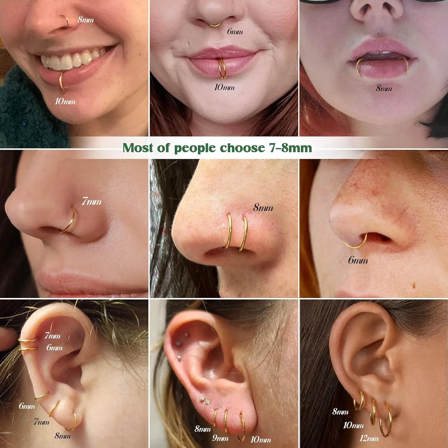 BodyBonita Hinged Nose Rings Hoops - 316L Surgical Steel Seamless Nose Piercing Jewelry Septum Clicker Lip Rings Cartilage Helix Daith Conch Tragus Rook Gold/Silver/Black/Rose Gold/Blue/Rainbow