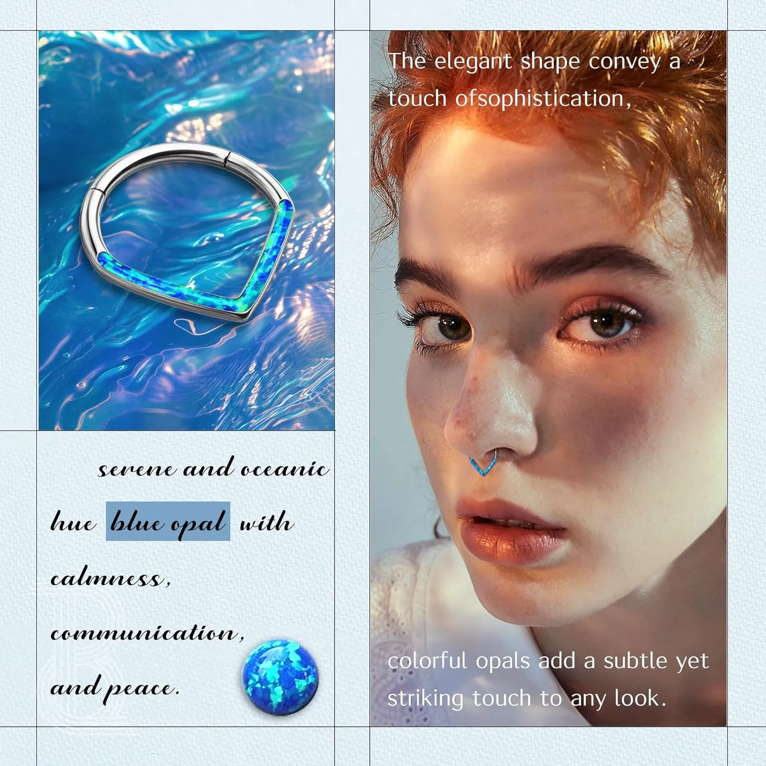 BodyBonita Opal 16G Septum Rings Teardrop - 316L Surgical Steel Hinged Nose Rings Hoops Septum Clicker Conch Helix Piercing Jewelry Daith Earring Pink/Blue/White Opal-10 mm/8 mm Silver/Gold Plated