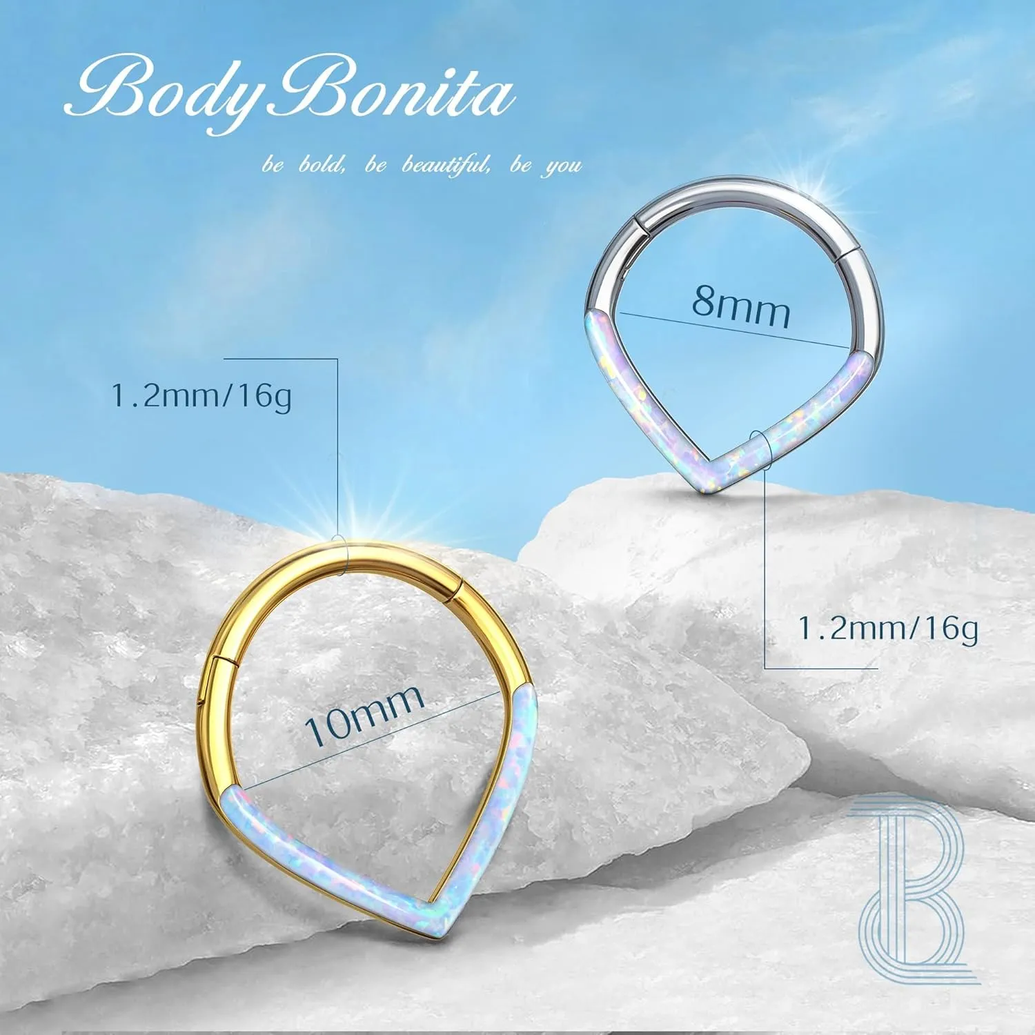 BodyBonita Opal 16G Septum Rings Teardrop - 316L Surgical Steel Hinged Nose Rings Hoops Septum Clicker Conch Helix Piercing Jewelry Daith Earring Pink/Blue/White Opal-10 mm/8 mm Silver/Gold Plated