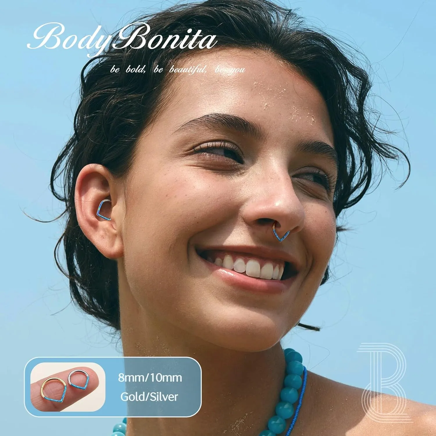 BodyBonita Opal 16G Septum Rings Teardrop - 316L Surgical Steel Hinged Nose Rings Hoops Septum Clicker Conch Helix Piercing Jewelry Daith Earring Pink/Blue/White Opal-10 mm/8 mm Silver/Gold Plated
