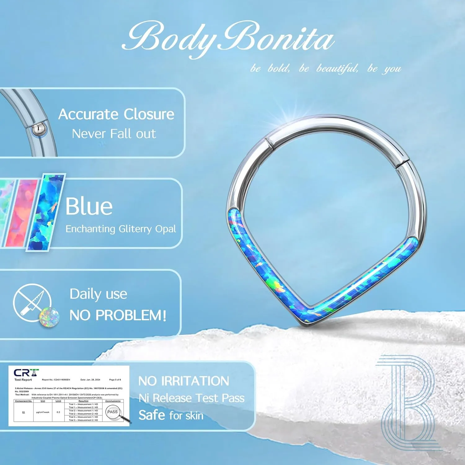 BodyBonita Opal 16G Septum Rings Teardrop - 316L Surgical Steel Hinged Nose Rings Hoops Septum Clicker Conch Helix Piercing Jewelry Daith Earring Pink/Blue/White Opal-10 mm/8 mm Silver/Gold Plated
