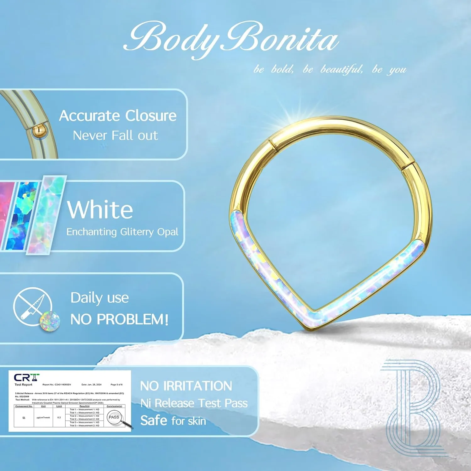 BodyBonita Opal 16G Septum Rings Teardrop - 316L Surgical Steel Hinged Nose Rings Hoops Septum Clicker Conch Helix Piercing Jewelry Daith Earring Pink/Blue/White Opal-10 mm/8 mm Silver/Gold Plated