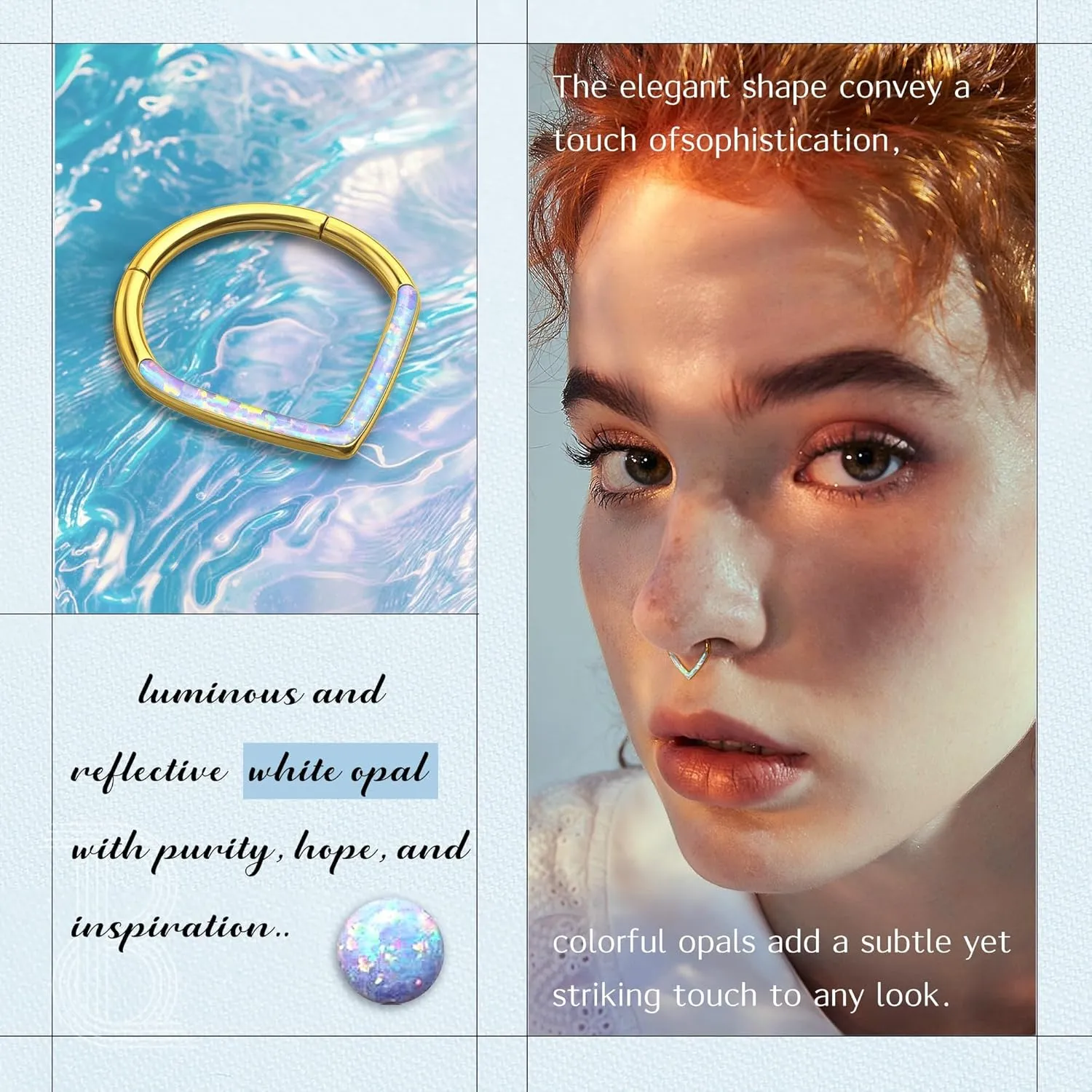 BodyBonita Opal 16G Septum Rings Teardrop - 316L Surgical Steel Hinged Nose Rings Hoops Septum Clicker Conch Helix Piercing Jewelry Daith Earring Pink/Blue/White Opal-10 mm/8 mm Silver/Gold Plated