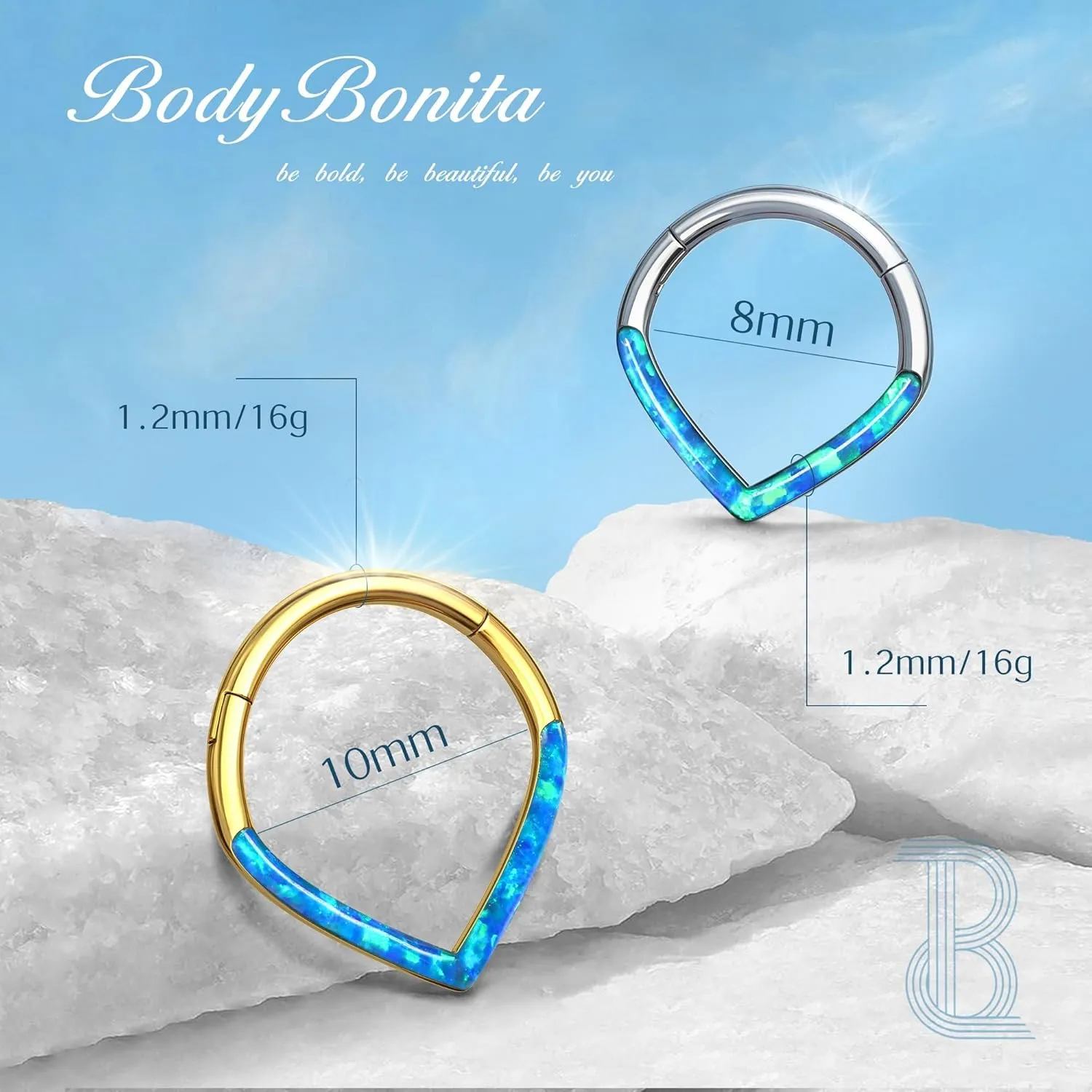 BodyBonita Opal 16G Septum Rings Teardrop - 316L Surgical Steel Hinged Nose Rings Hoops Septum Clicker Conch Helix Piercing Jewelry Daith Earring Pink/Blue/White Opal-10 mm/8 mm Silver/Gold Plated