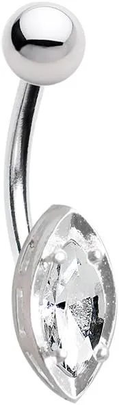 BodyJewelryOnline Marquise Cut Clear CZ Gem Belly Ring 14ga 316L Surgical Steel