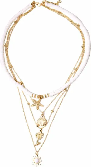 Bohemian Handmade Starfish Shell Folwer Pendant Layered Heishi Surfer Lightweight Chain Choker Necklace Summer Beach Stylish Floral Jewelry for Women