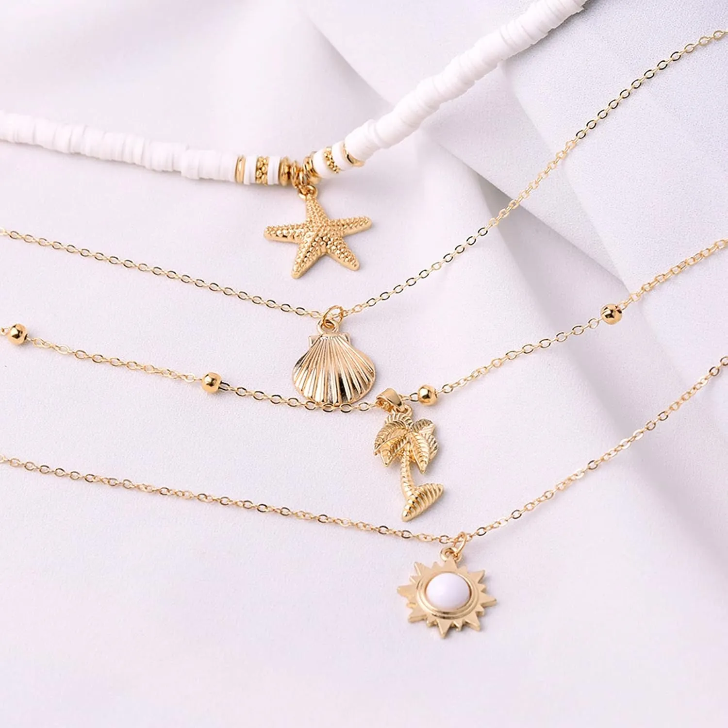 Bohemian Handmade Starfish Shell Folwer Pendant Layered Heishi Surfer Lightweight Chain Choker Necklace Summer Beach Stylish Floral Jewelry for Women