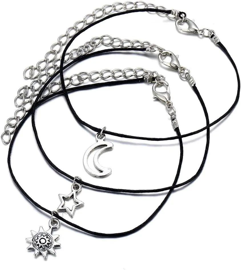 Bohemian Leather Anklet Sun Star Moon Foot Chain 3 Pcs Beach Wedding Jewelry Boho Ankle Bracelet for Women