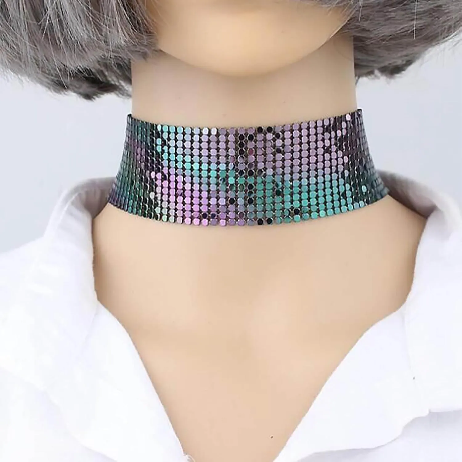 Boho Wide Sequin Necklace Choker Metal Mesh Choker Necklace Sparkly Metal Sequins Chain Necklace Shiny Sequins Short Chain Party Necklace Jewelry for Women(Gold)