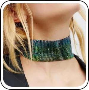 Boho Wide Sequin Necklace Choker Metal Mesh Choker Necklace Sparkly Metal Sequins Chain Necklace Shiny Sequins Short Chain Party Necklace Jewelry for Women(Gold)