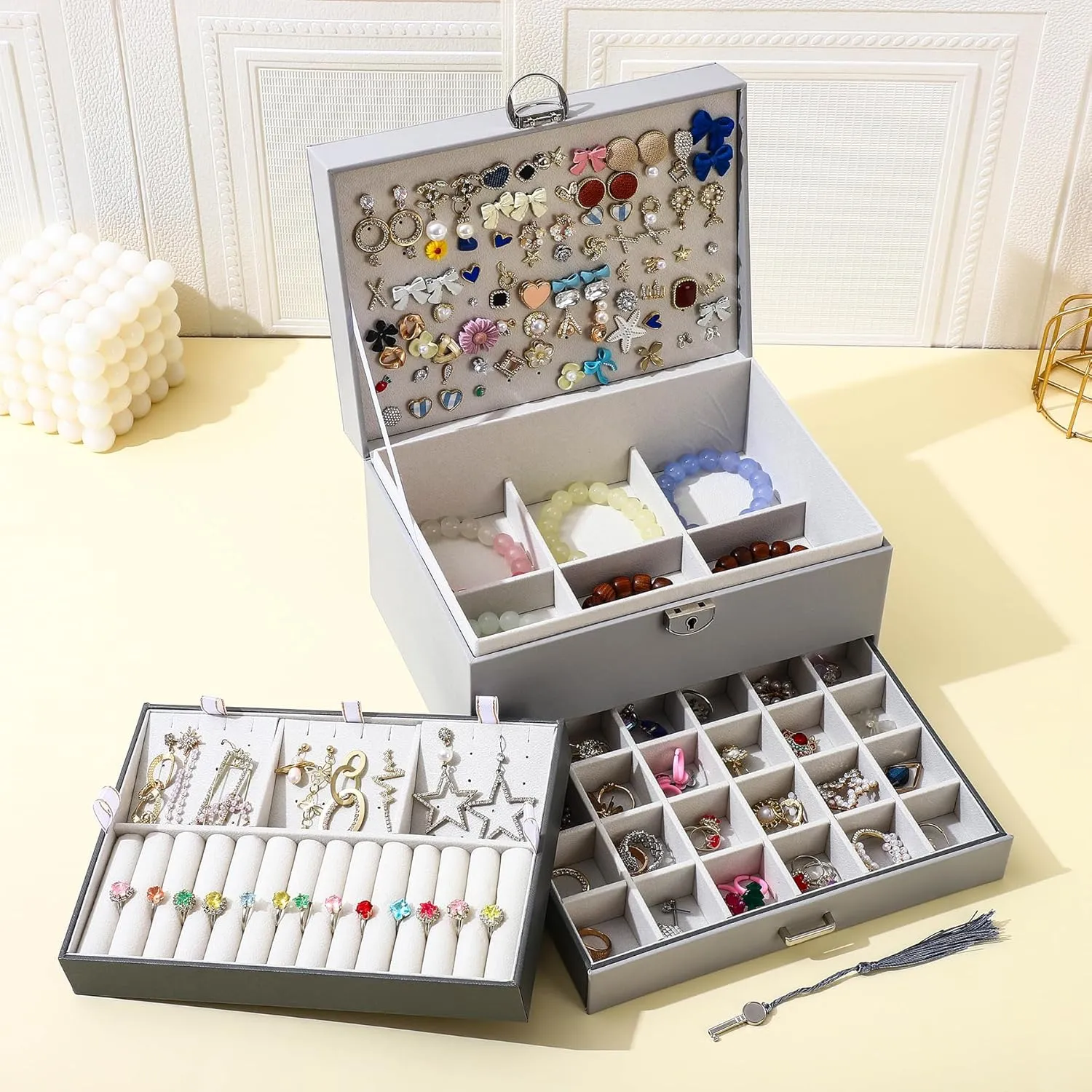 BOOVO Earring Jewelry Box For Women Girl Stud Organizer, 5 Layers Girl Jewelry Organizer Box With Lock Earring Holder Organizer Necklace Ring Jewelry Organizer Box For Girls (grey)