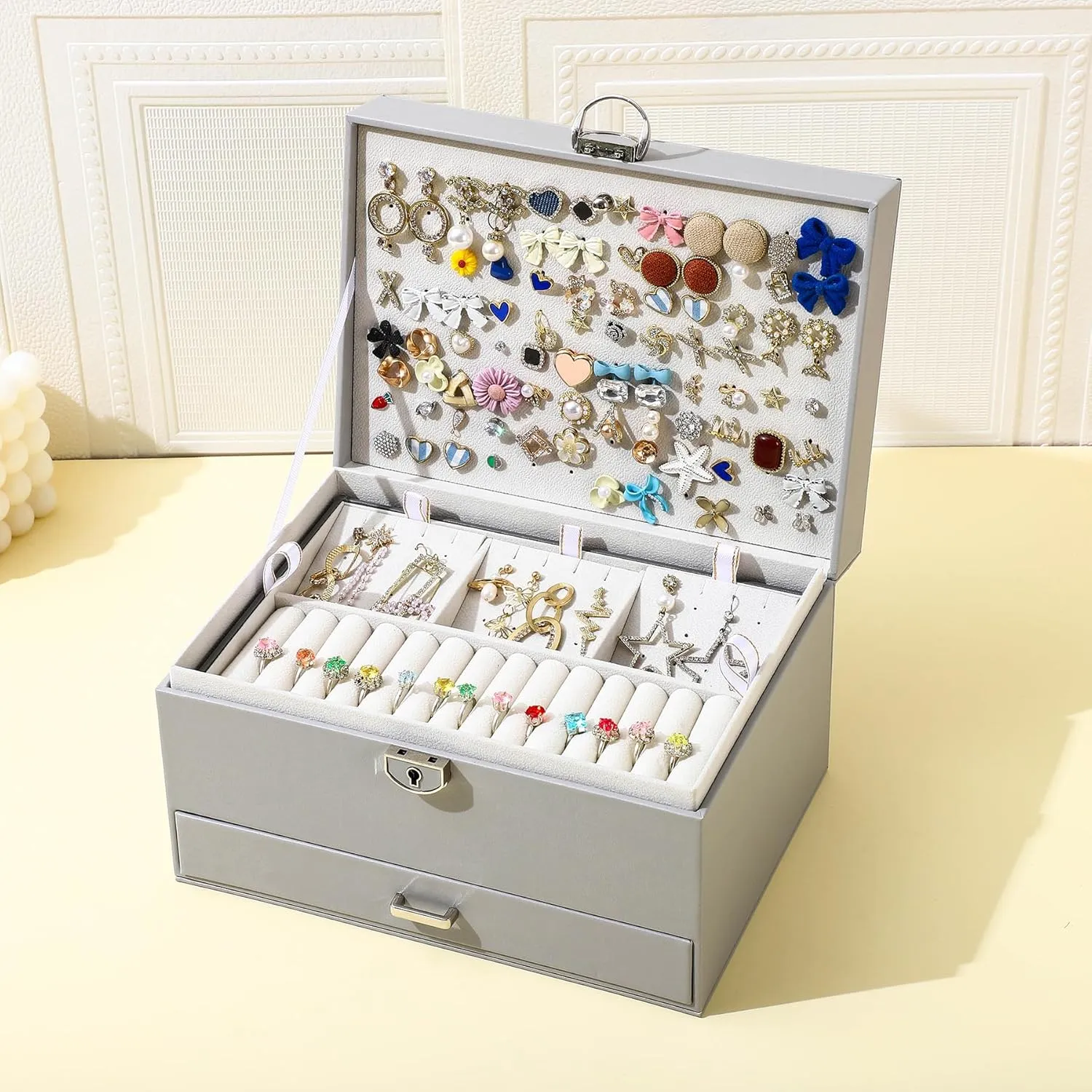 BOOVO Earring Jewelry Box For Women Girl Stud Organizer, 5 Layers Girl Jewelry Organizer Box With Lock Earring Holder Organizer Necklace Ring Jewelry Organizer Box For Girls (grey)
