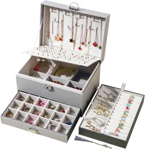 BOOVO Earring Jewelry Box For Women Girl Stud Organizer, 5 Layers Girl Jewelry Organizer Box With Lock Earring Holder Organizer Necklace Ring Jewelry Organizer Box For Girls (grey)