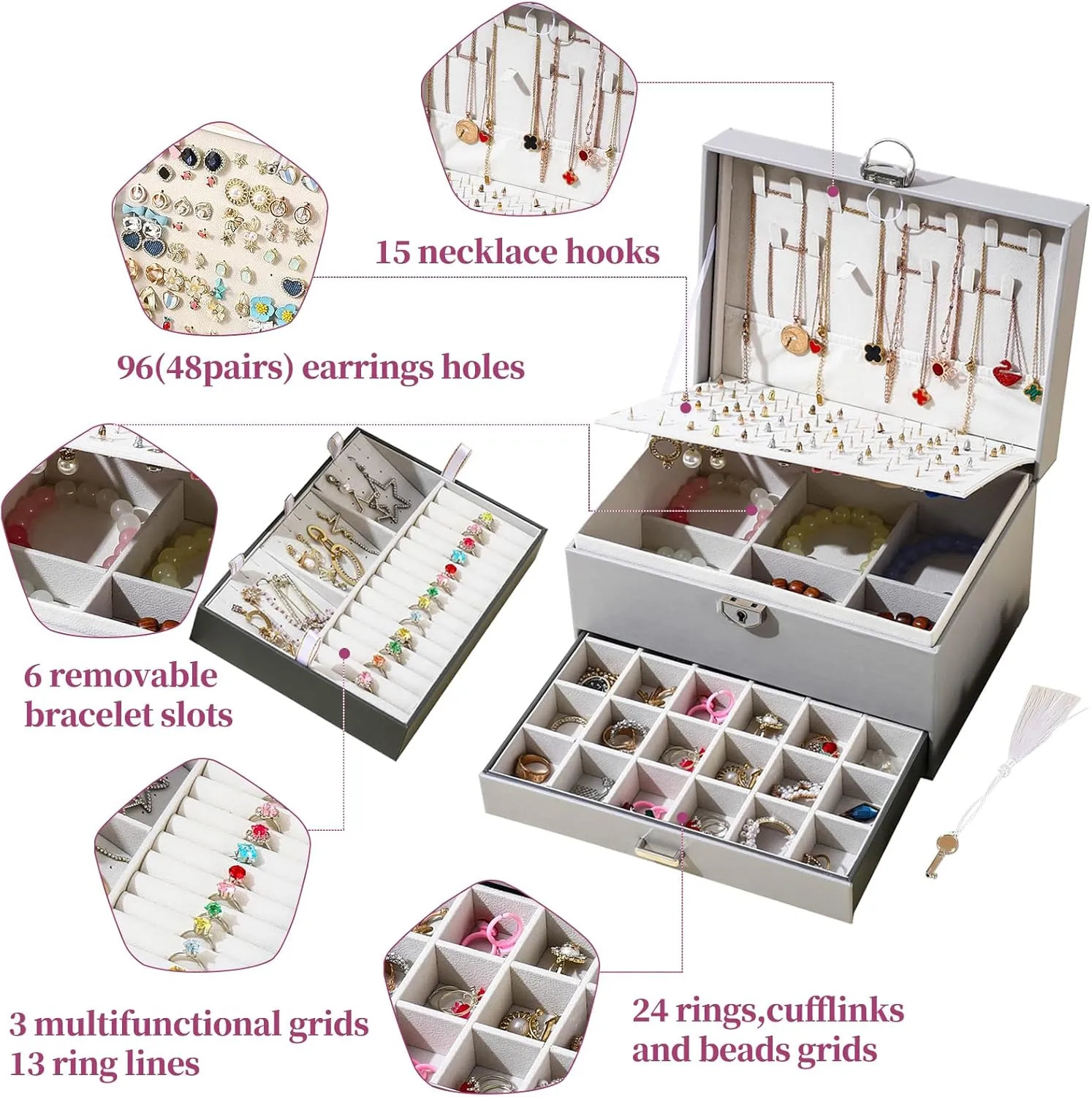 BOOVO Earring Jewelry Box For Women Girl Stud Organizer, 5 Layers Girl Jewelry Organizer Box With Lock Earring Holder Organizer Necklace Ring Jewelry Organizer Box For Girls (grey)