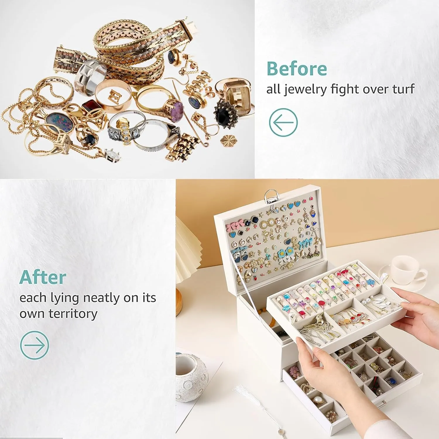 BOOVO Earring Jewelry Box For Women Girl Stud Organizer, 5 Layers Girl Jewelry Organizer Box With Lock Earring Holder Organizer Necklace Ring Jewelry Organizer Box For Girls (White, 5 layer)