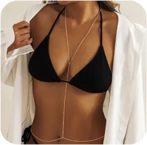 Bounzhi Gold Sexy Body Chain Crossover Thin Bra Bikini Waist Belly Body Chains Beach Body Necklace Jewelry for Women, B-100