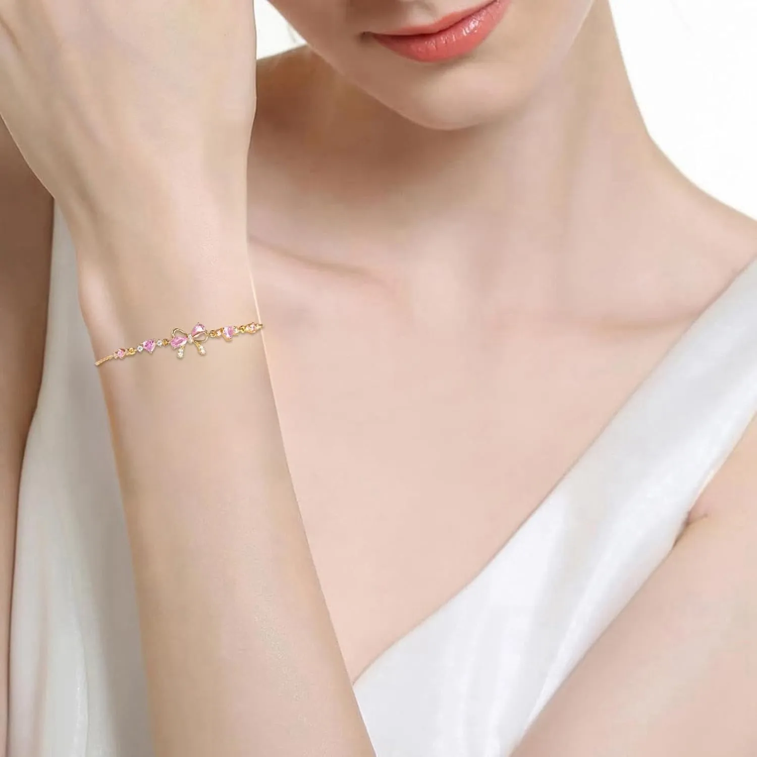 Bow Bracelet, Bow Zircon Bracelet, Adjustable Bow Beaded Chain Bracelet, Friendship Bracelets with White Pink Zircon, Women Trendy Bracelet Gift for Her