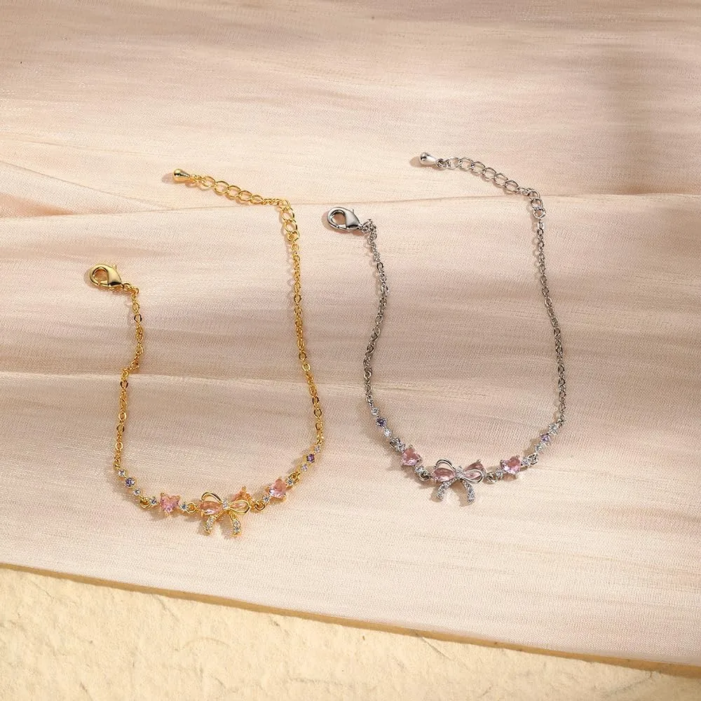 Bow Zircon Bracelet - Friendship Is Like A Bow For Women, Adjustable Ribbon Bow Beaded Chain White Pink CZ Friendship Bracelets To My Best Friend Fashion Gifts Jewelry