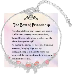 Bow Zircon Bracelet - Friendship Is Like A Bow For Women, Adjustable Ribbon Bow Beaded Chain White Pink CZ Friendship Bracelets To My Best Friend Fashion Gifts Jewelry