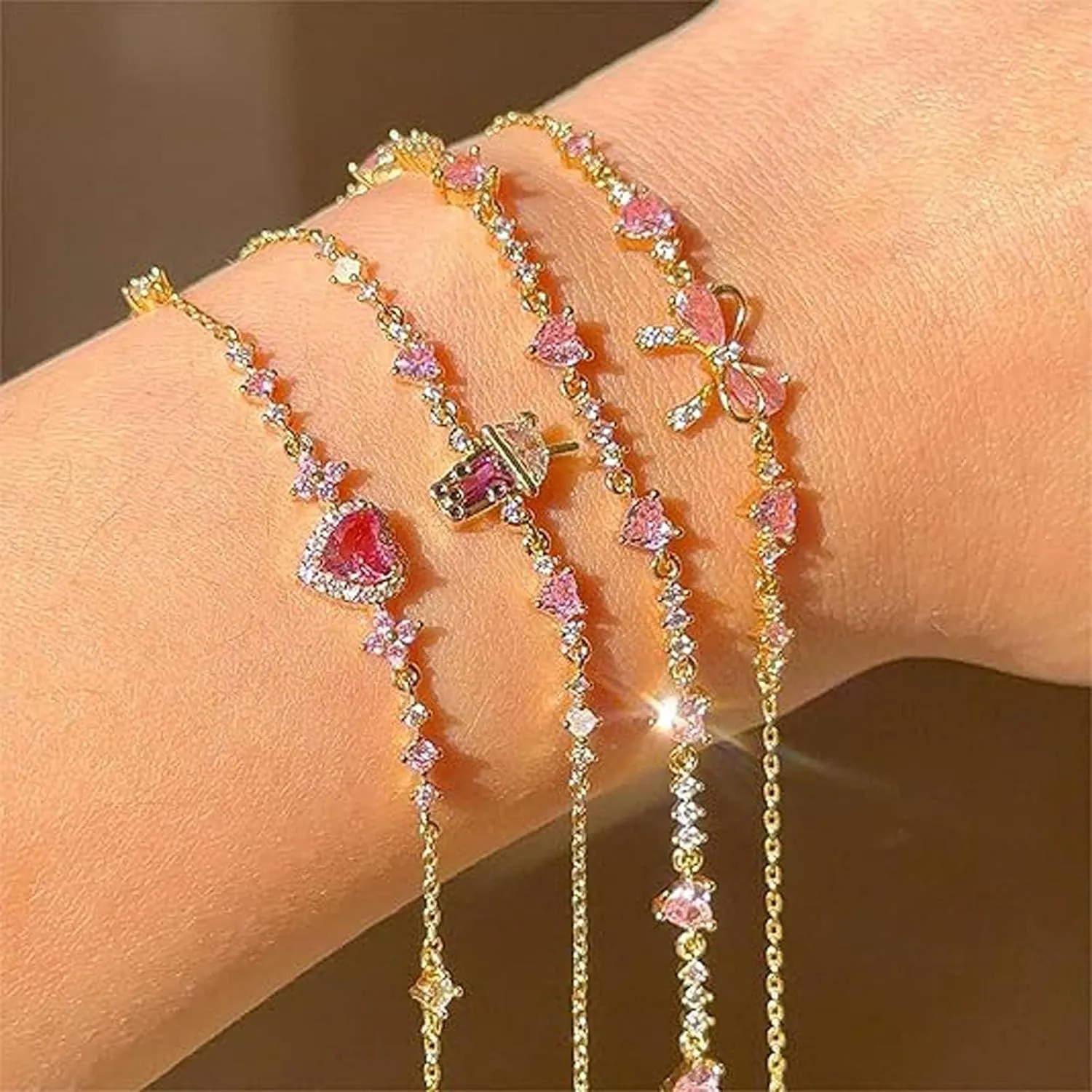 Bow Zircon Bracelet - Friendship is Like a Bow,Adjustable Ribbon Bow Beaded Chain Bracelet,Love Knot Pink Zircon Friendship Bracelets,Women Trendy Bracelet Gift for Her