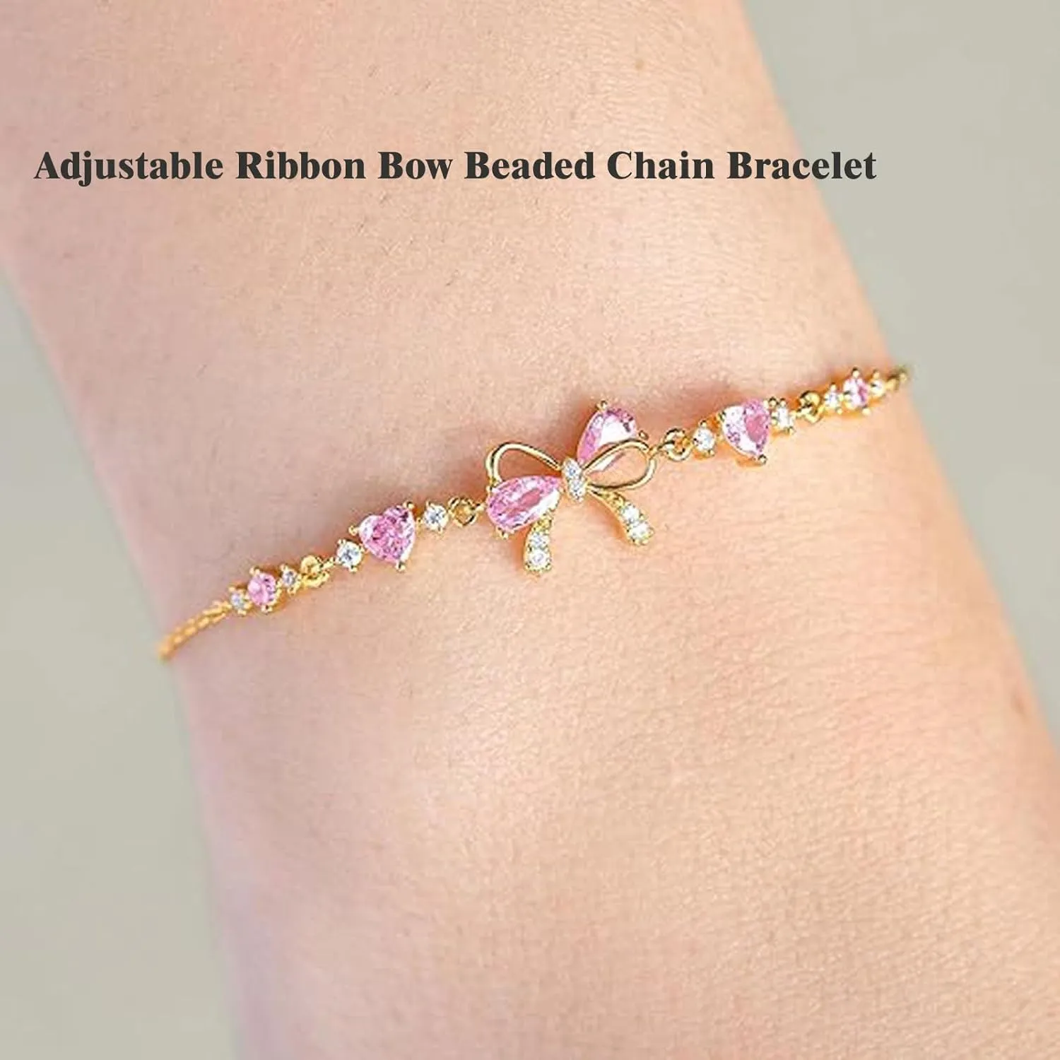 Bow Zircon Bracelet - Friendship is Like a Bow,Adjustable Ribbon Bow Beaded Chain Bracelet,Love Knot Pink Zircon Friendship Bracelets,Women Trendy Bracelet Gift for Her