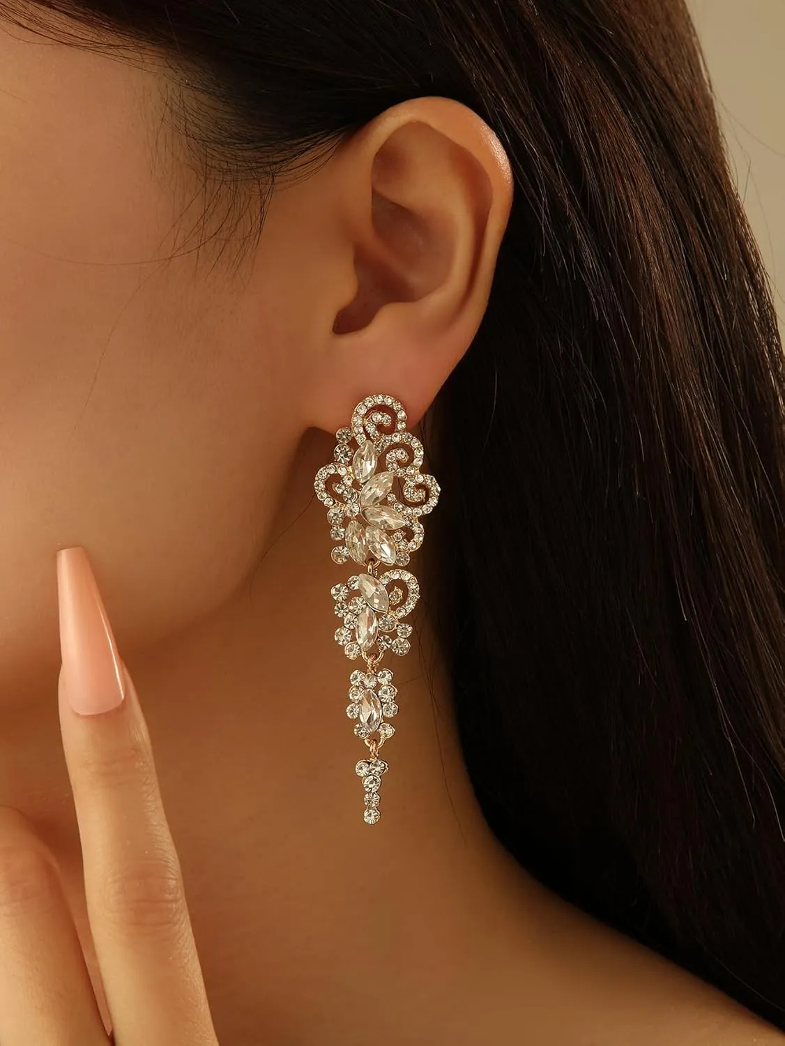 Bridal Earrings for Wedding - Womens Long Crystal Rhinestone Chandelier Floral Dangle Drop Earrings for Bride Bridesmaids Party Prom
