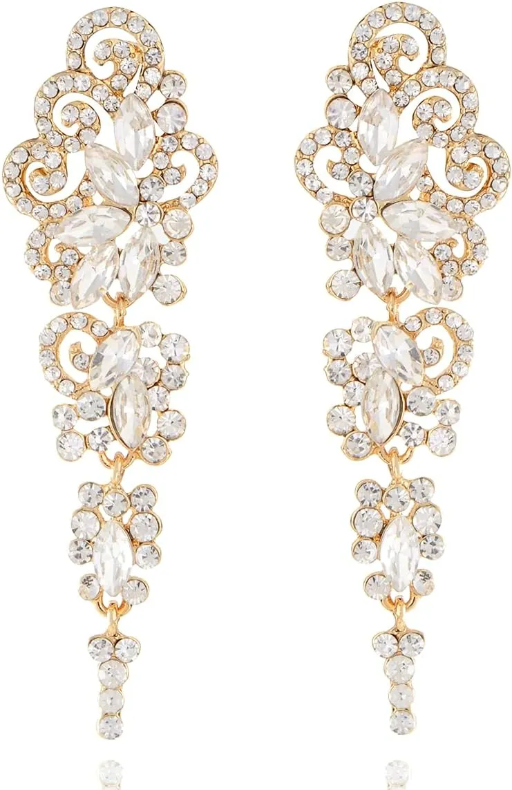 Bridal Earrings for Wedding - Womens Long Crystal Rhinestone Chandelier Floral Dangle Drop Earrings for Bride Bridesmaids Party Prom