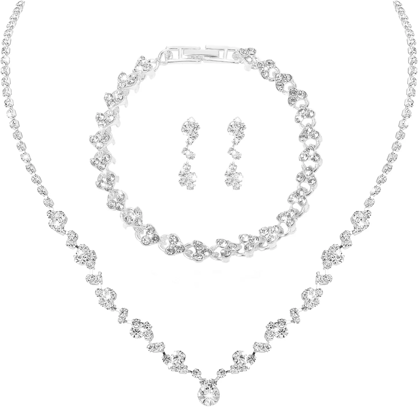 Bridal Jewelry Set for Wedding, Elegant Rhinestone Necklace Earrings Bracelet for women, Bridesmaid Silver Jewelry Set,Bridal Wedding Jewelry Sets, Formal Costume Accessories for Women