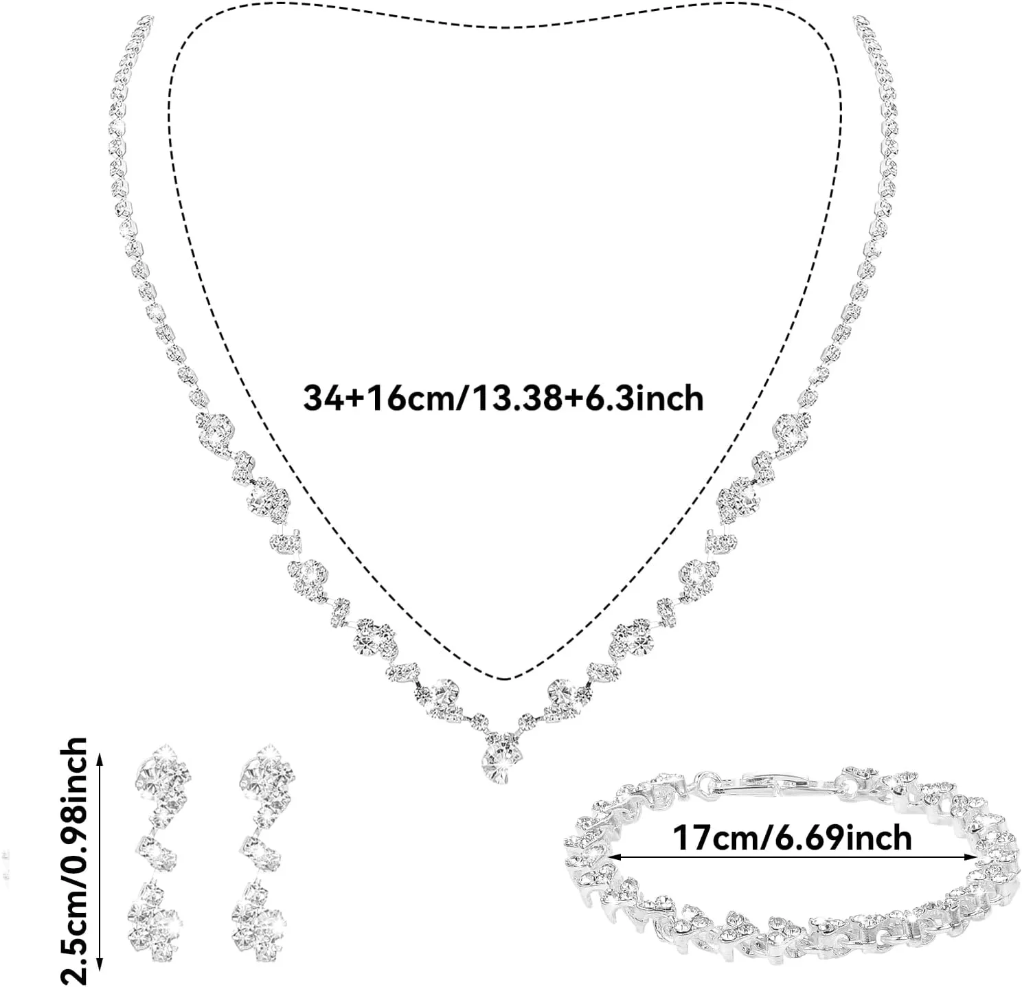 Bridal Jewelry Set for Wedding, Elegant Rhinestone Necklace Earrings Bracelet for women, Bridesmaid Silver Jewelry Set,Bridal Wedding Jewelry Sets, Formal Costume Accessories for Women