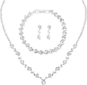 Bridal Jewelry Set for Wedding, Elegant Rhinestone Necklace Earrings Bracelet for women, Bridesmaid Silver Jewelry Set,Bridal Wedding Jewelry Sets, Formal Costume Accessories for Women