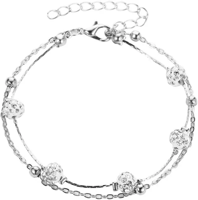 Bridal Shambhala Crystal Anklet Beaded Layered Foot Chain Dainty Foot Accessories Boho Ankle Bracelet for Women and (Silver)