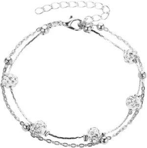 Bridal Shambhala Crystal Anklet Beaded Layered Foot Chain Dainty Foot Accessories Boho Ankle Bracelet for Women and (Silver)