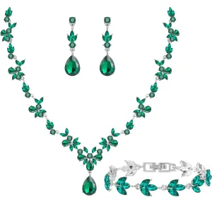 Bridal Wedding Elegant Floral Jewelry Set for Women/Brides/Bridesmaids Crystal Jewelry Set for Wedding Prom Party Bridal Crystal Necklace Earrings Bracelet Set