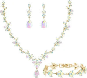 Bridal Wedding Elegant Floral Jewelry Set for Women/Brides/Bridesmaids Crystal Jewelry Set for Wedding Prom Party Bridal Crystal Necklace Earrings Bracelet Set
