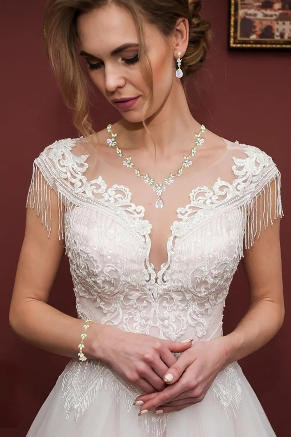 Bridal Wedding Elegant Floral Jewelry Set for Women/Brides/Bridesmaids Crystal Jewelry Set for Wedding Prom Party Bridal Crystal Necklace Earrings Bracelet Set