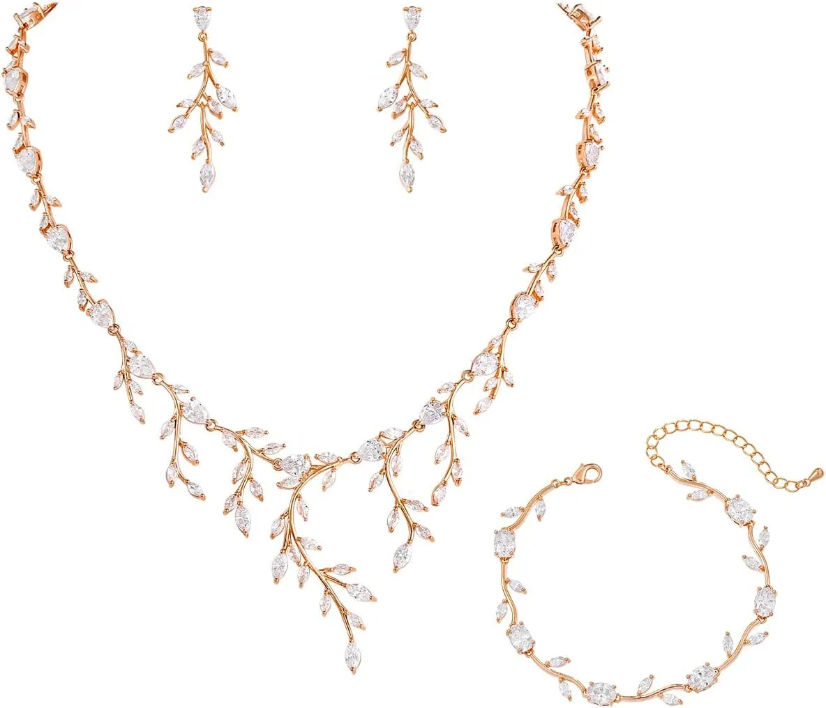 Bridal Wedding Jewelry CZ Set Marquise Teardrop Cubic Zirconia Pendant Necklace and Dangle Earring Bracelet Sets for Women
