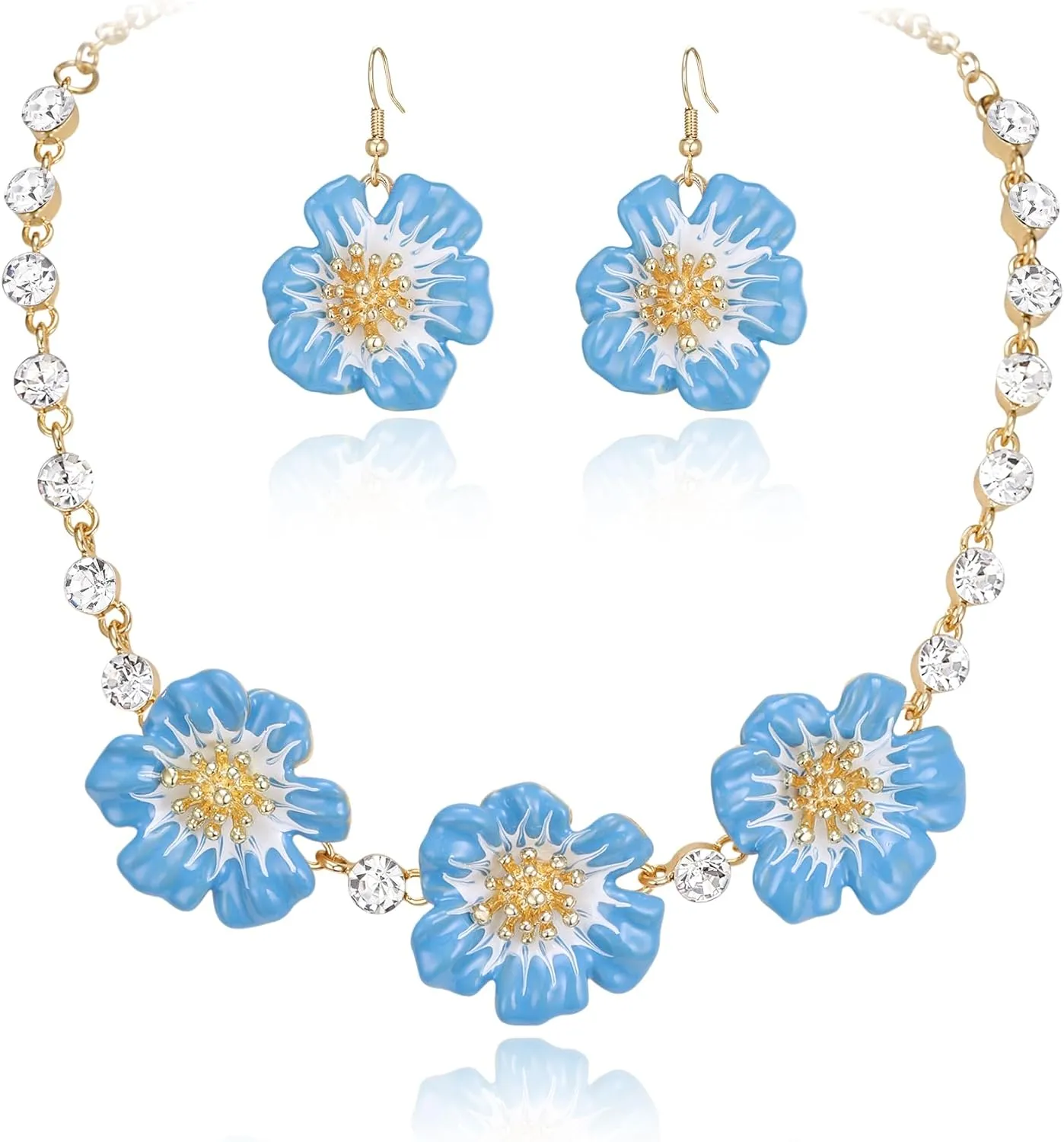 BriLove Shiny Bling Rhinestones Enamel Flower Statement Collar Necklace Hook Dangle Earrings Set for Women Summer Beach Holiday Costume Prom Jewelry