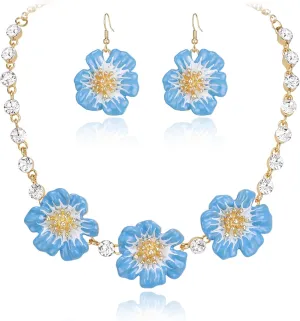 BriLove Shiny Bling Rhinestones Enamel Flower Statement Collar Necklace Hook Dangle Earrings Set for Women Summer Beach Holiday Costume Prom Jewelry