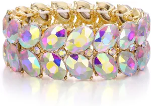 BriLove Wedding Bridal Elegant Crystal Double Row Teardrop Rhinestones Cluster Stretch Bangle Bracelet for Bride