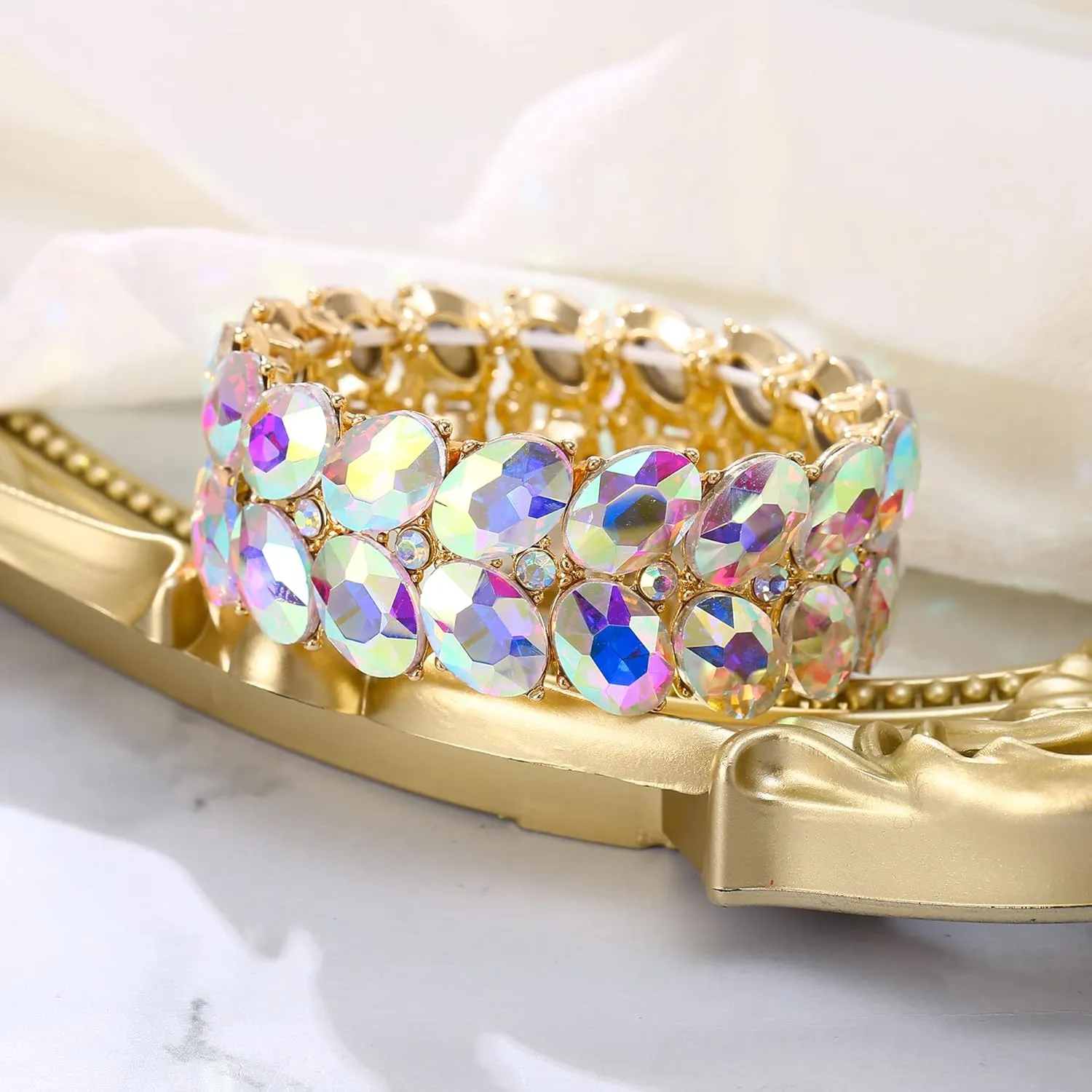 BriLove Wedding Bridal Elegant Crystal Double Row Teardrop Rhinestones Cluster Stretch Bangle Bracelet for Bride
