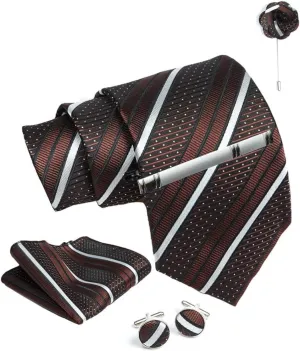 Brown Striped Ties For Men  Tie Set With Pocket Square Cufflinks Tie Clip Bar & Flower Brooch Pin For Mens (Pack of 5) (AXTS64)