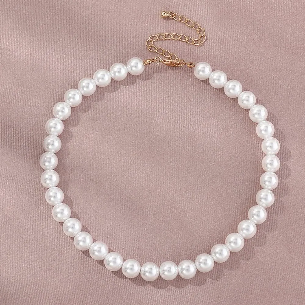 BSLVWG Pearl Bead String Necklace for Womens Jewellery Gift Size Clasp Adjustable Choker Necklace Round Imitation Pearl Choker Necklace Wedding Pearl Necklace for Brides White